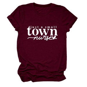 Detail of rolled sleeves and white slogan print on maroon cotton nurse t-shirt