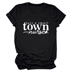 Detail of the white heart and nurse text print on a black crew neck cotton T-shirt