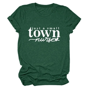 Detail of forest green nurse t-shirt showing rolled sleeve and white text print