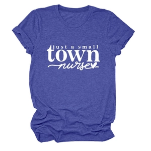 Detail of heather blue short sleeve nurse t-shirt with heart graphic and white lettering