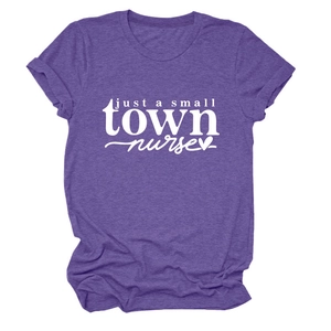 Detail of purple heather texture and Just a Small Town Nurse print on women's cotton t-shirt
