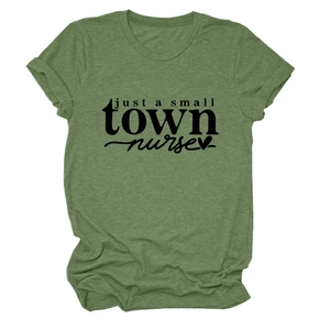 Close-up of olive green t-shirt featuring just a small TOWN nurse heart graphic print