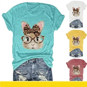 Damen Casual Baumwollmischung T-Shirt Süßer Hase Leoparden Brille Schleife Grafikdruck Rundhals Kurzarm Lockere Passform Top