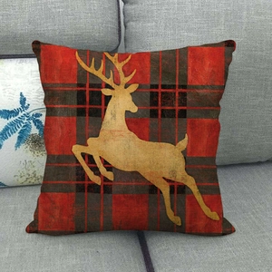 Funda de cojín de lino navideño con silueta de reno en cuadros rojos y negros