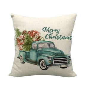 Linen Christmas pillowcase featuring vintage green truck with tree and Merry Christmas text