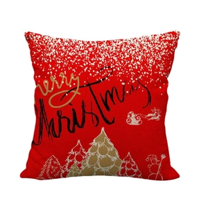 Red Christmas linen cushion cover with Merry Christmas text and festive tree patterns