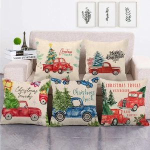 Christmas Throw Pillow Cover Linen Blend Retro Red Truck Farmhouse Rustic Holiday Cushion Case Home Decor