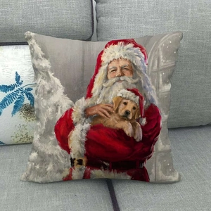 Funda de cojín navideña de lino con estampado de Papá Noel vintage y cachorro de perro