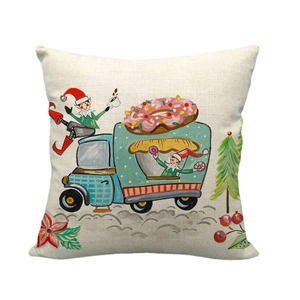 Linen Christmas pillowcase featuring a festive food truck with elves and donut illustration