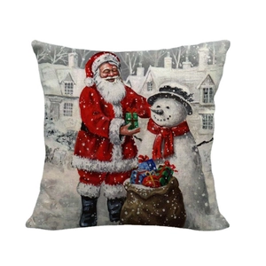 Funda de cojín de lino navideño con Papá Noel y muñeco de nieve sobre fondo blanco