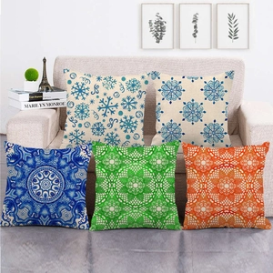 Set of five linen pillow covers featuring geometric and vintage floral mandala patterns