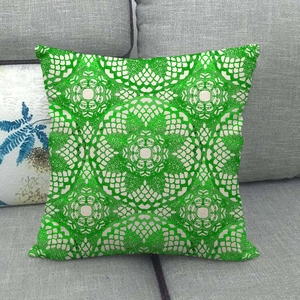 Detail of green floral mandala pattern on linen decorative square pillowcase