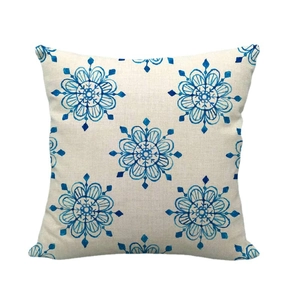 Federa in lino con motivo geometrico a fiocco blu su tessuto beige naturale
