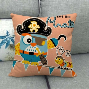 Cartoon pirate owl linen pillow cover on sofa featuring colorful pirate hat and sword