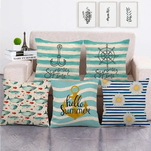 Nautische Oceaan Thema Linnen Kussenhoes Zee Anker Zeilboot Vis Zeester Patroon Decoratieve Vierkante Kussenhoes Voor Huisdecoratie