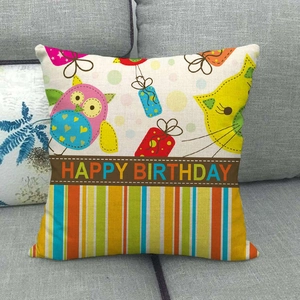 Detailed texture of linen pillowcase featuring a cartoon owl and Happy Birthday text