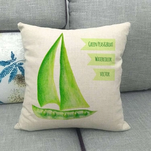 Detail van linnen textuur kussensloop met aquarel groene erwten boot illustratie