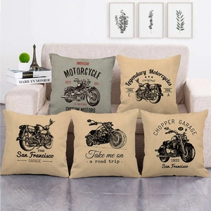 Set of 5 vintage Harley motorcycle linen pillow covers on a cozy beige sofa