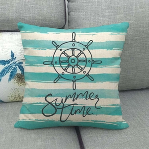 Mariene katoen linnen kussensloop met blauwe strepen en scheepswiel Summer Time print