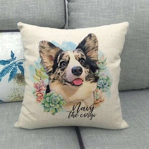 Detailstruktur des Kissenbezugs aus Leinen mit Welsh Corgi und Sukkulenten-Illustration