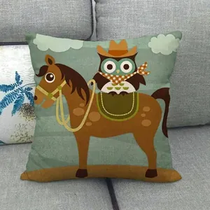 Cartoon owl cowboy on horse print linen pillow case for sofa and bed decor