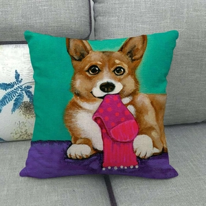 Künstlerischer Corgi-Kissenbezug aus Leinen auf einem grauen Sofa dekoriert