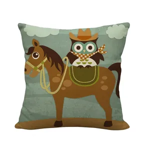 Cartoon owl cowboy illustration on a square linen textured sofa cushion cover