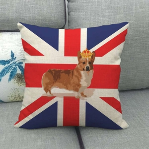 Corgi Kissenbezug aus Leinen mit Union Jack und Krone auf einem grauen Sofa