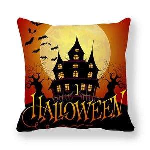 Detail of Halloween pillowcase with spooky castle, bats, and moon on peach skin fabric