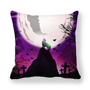 Halloween pillowcase featuring a moon and wolf silhouette on purple peach skin fabric