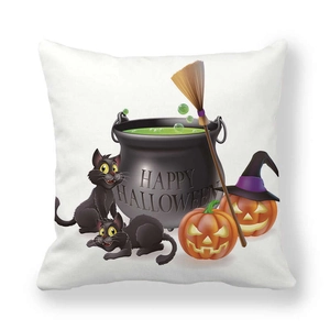 Halloween throw pillow cover featuring black cats, cauldron, and Happy Halloween print