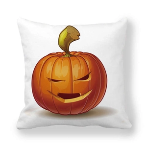 Detail of Jack-o'-lantern pumpkin face print on a white decorative throw pillow cover