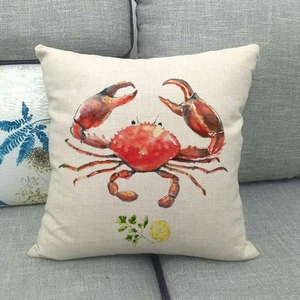 Linen ocean series square pillow cover with red crab and lemon watercolor design