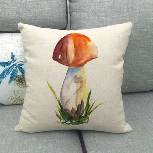 Linen decorative square pillowcase featuring watercolor mushroom print on sofa