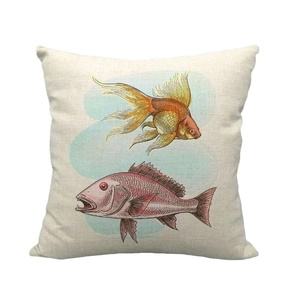 Linen ocean series throw pillow case with vintage hand-painted fish patterns on white background