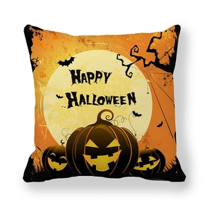 Close-up of Halloween pillowcase with Happy Halloween text, pumpkins and bats