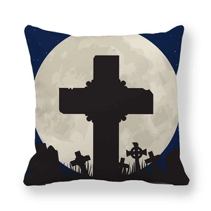 Close-up of gothic cross silhouette and moon on thick peach skin pillowcase
