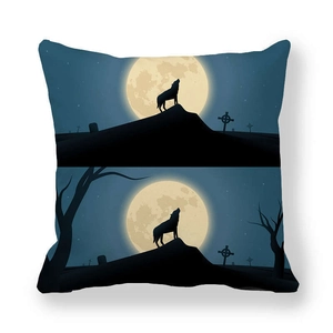 Thick peach skin Halloween pillow cover featuring a wolf howling at the golden moon