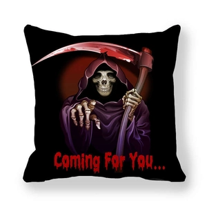 Detail of Halloween pillow case with Grim Reaper and Coming For You bloody text