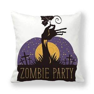 Close-up of zombie party illustration on a white Halloween pumpkin peach skin pillowcase