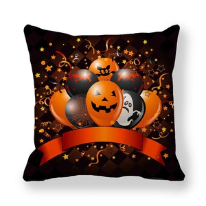 Detail view of Halloween pumpkin balloons and bat motifs printed on peach skin pillowcase