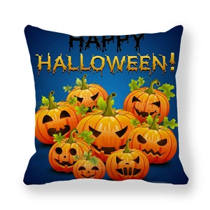 Detail of Jack-o'-lanterns and Happy Halloween text on a navy peach skin pillowcase