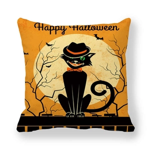 Detail of Halloween pillow case with cartoon black cat and Happy Halloween greeting
