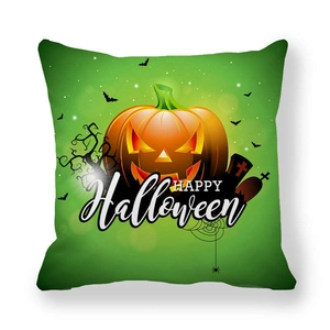 Detail of Halloween pumpkin pillowcase with Happy Halloween text and bat silhouettes