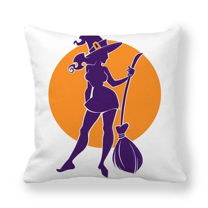 Halloween pumpkin series pillowcase featuring a purple witch silhouette and orange moon