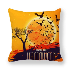 Halloween Trick or Treat pillow cover featuring orange moon and bat design on white base