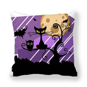 Halloween decorative throw pillow cover featuring a black cat, owl, and moon on purple fabric