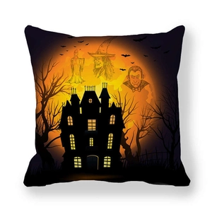 Halloween peach skin pillowcase with gothic castle, witch and moon on orange background