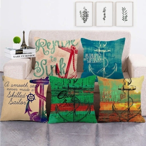 Nautical anchor and compass theme linen pillow covers set of five on a sofa