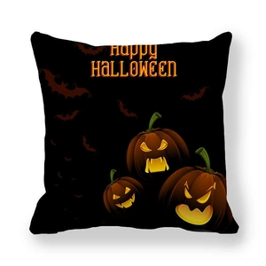 Detail of Halloween pillowcase with Happy Halloween text and glowing pumpkin print
